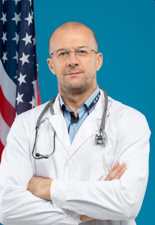 A doctor in a white coat with a stethoscope, arms crossed