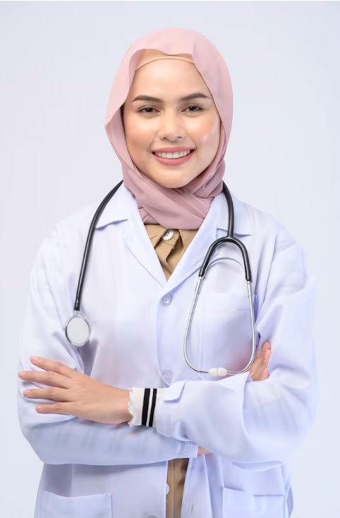 A clinician wearing a hijab, in a white coat with a stethoscope